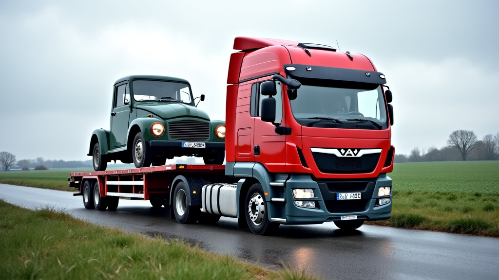 Un camion épaviste chargeant un véhicule ancien sur une remorque, dans un cadre rural évoquant la région de Martigny ou du Nord, sous un ciel légèrement nuageux.
