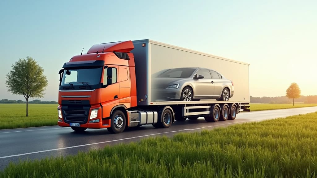Un camion épaviste chargeant une voiture épave dans un paysage rural près de Château-Thierry, avec des champs et des arbres en arrière-plan.
