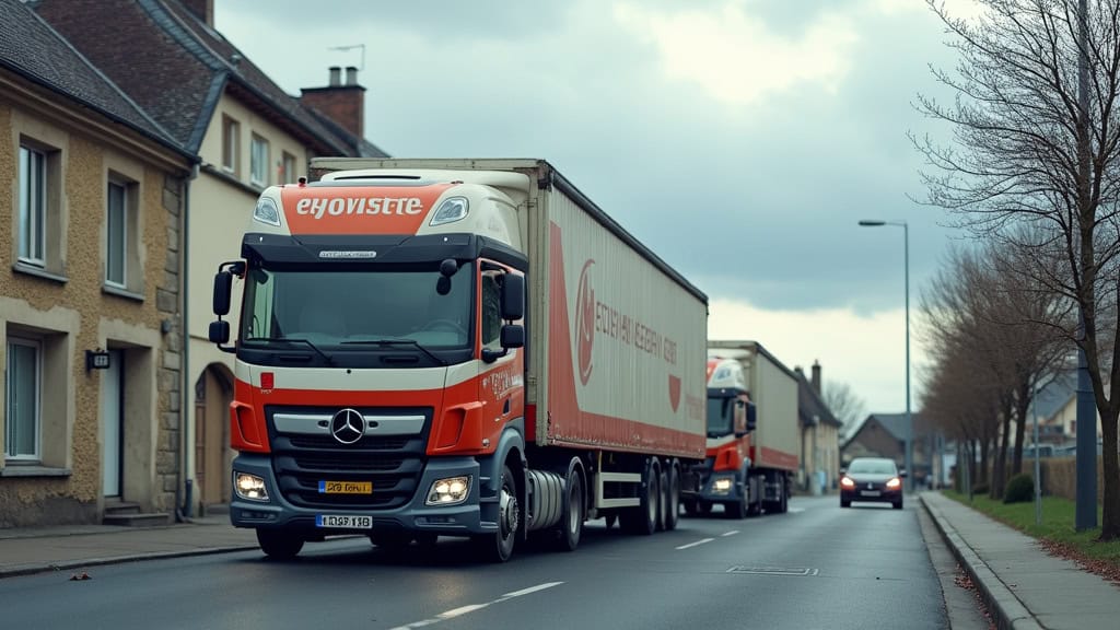 Un camion épaviste en train de charger une vieille voiture accidentée dans une rue de Bucilly, sous un ciel nuageux.