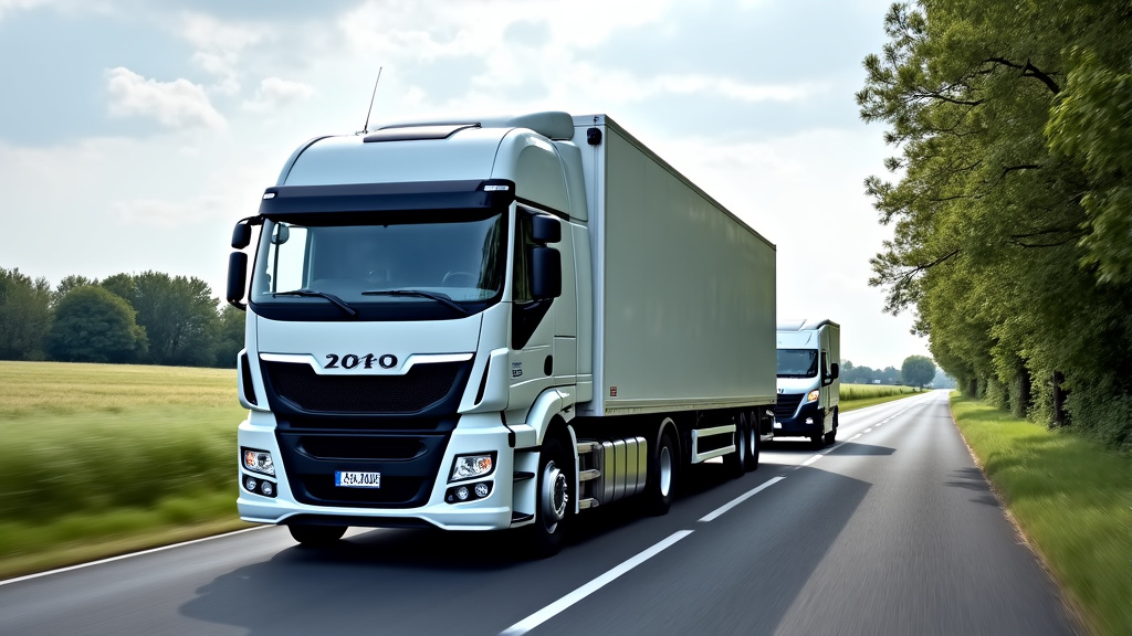 Un camion épaviste moderne avec une remorque, en train de charger une épave de voiture sur une route de campagne près de Folembray, avec des arbres en arrière-plan et un ciel clair.