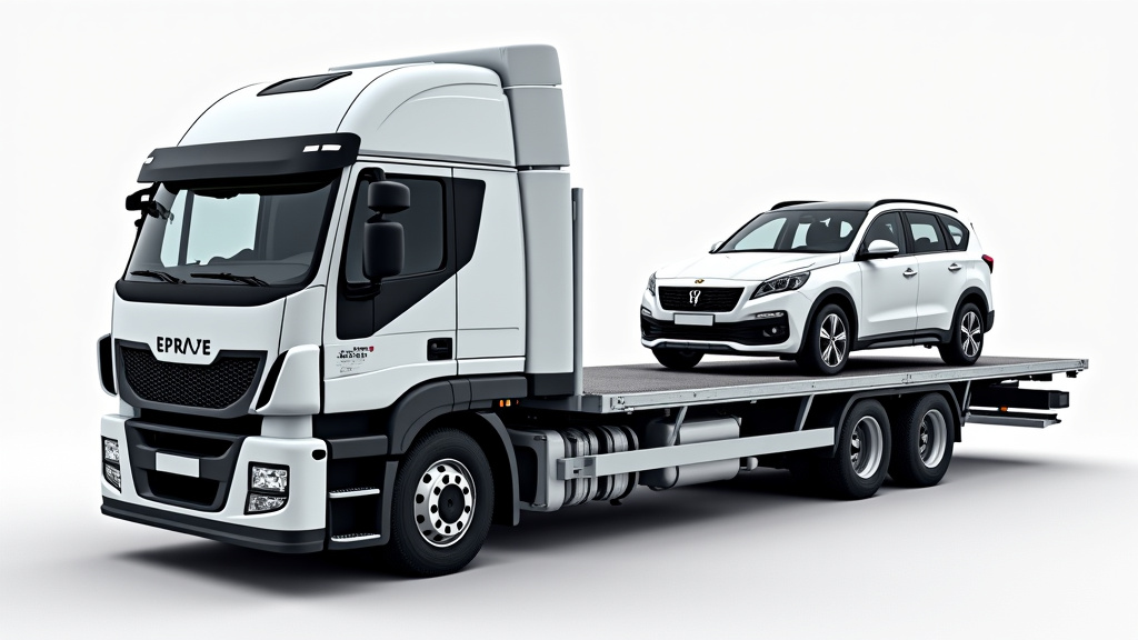 Un camion épaviste moderne avec une remorque soulevant une voiture épave rouillée, signalant un service professionnel de dépannage et remorquage d