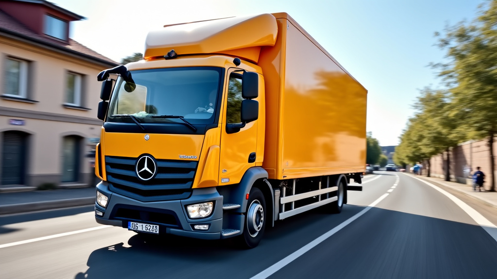 Un camion épaviste moderne, de couleur foncée, circule dans une rue urbaine de Flers-en-Escrebieux, symbolisant le service rapide et efficace d