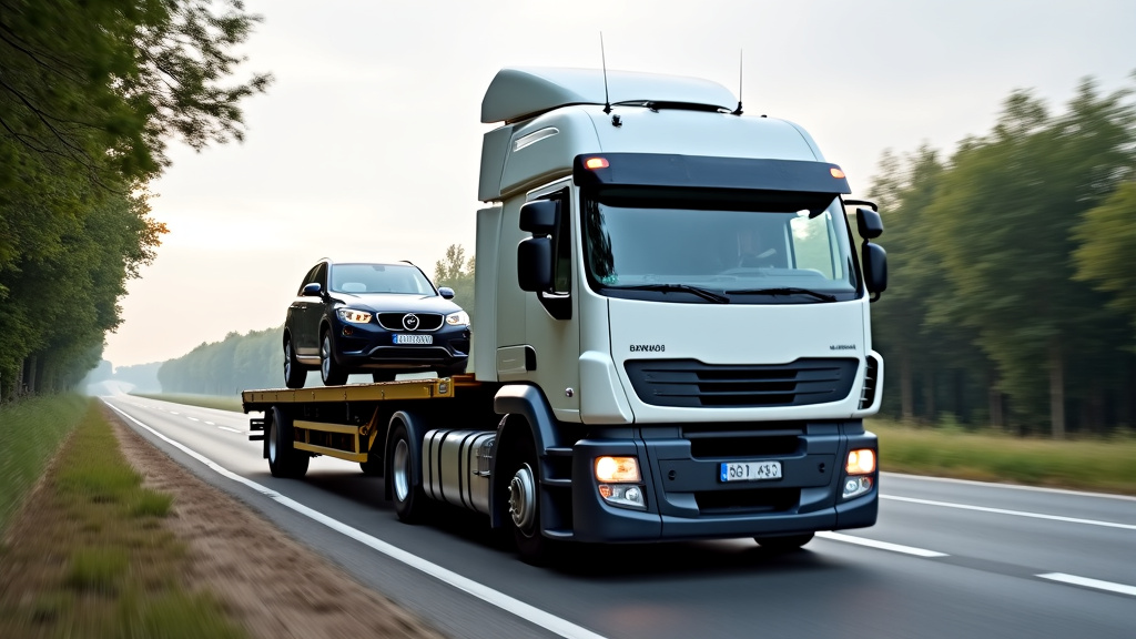 Un camion épaviste professionnel chargeant une épave de voiture accidentée sur une route de campagne dans la région de l