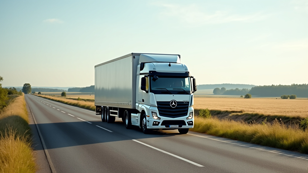 Un camion épaviste traversant un paysage rural typique de l