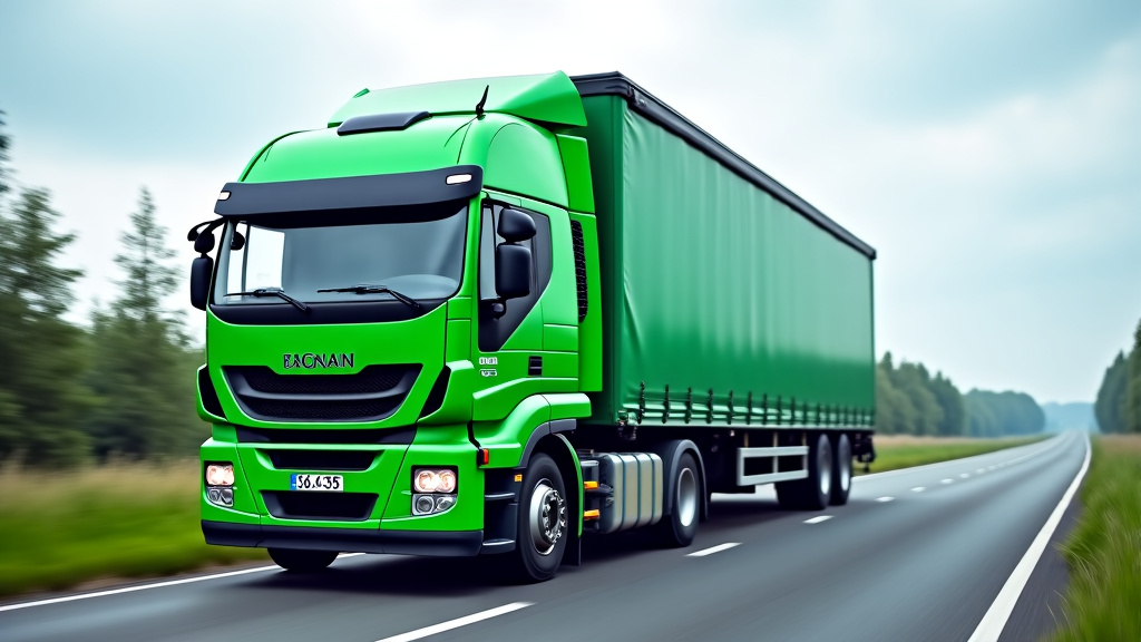 Un camion épaviste vert clair transportant une épave de voiture sur une route de campagne, avec des arbres et un ciel nuageux en arrière-plan, symbolisant le transport responsable.