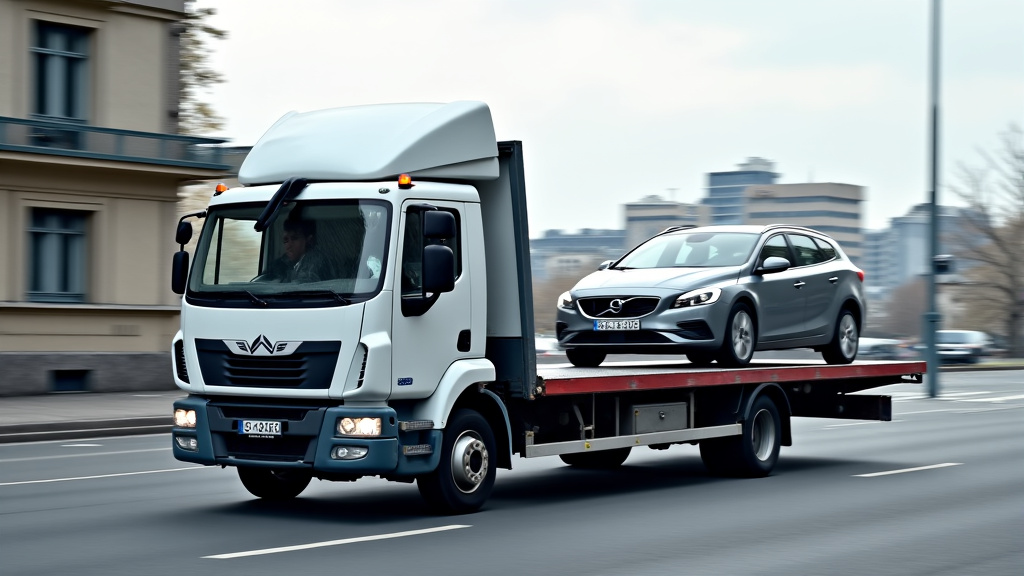 Un camion-plateau de dépannage, de couleur foncée, chargeant une épave de voiture grise dans un environnement urbain, avec des bâtiments en arrière-plan et un ciel légèrement nuageux. L