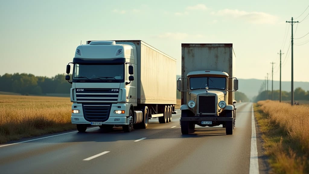 Un camion remorquant une vieille voiture en panne sur une route de campagne, symbolisant l