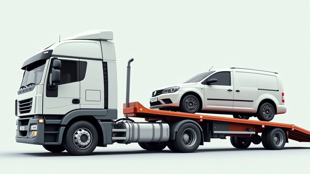 ALT : Camion de remorquage avec voiture blanche sur plateau en vue latérale.