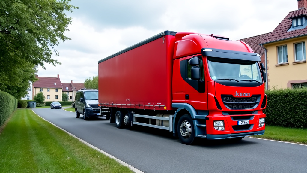 Un camion remorqueur rouge chargeant une épave de voiture grise sur une petite route résidentielle à Douchy-les-Mines, avec des maisons en arrière-plan.