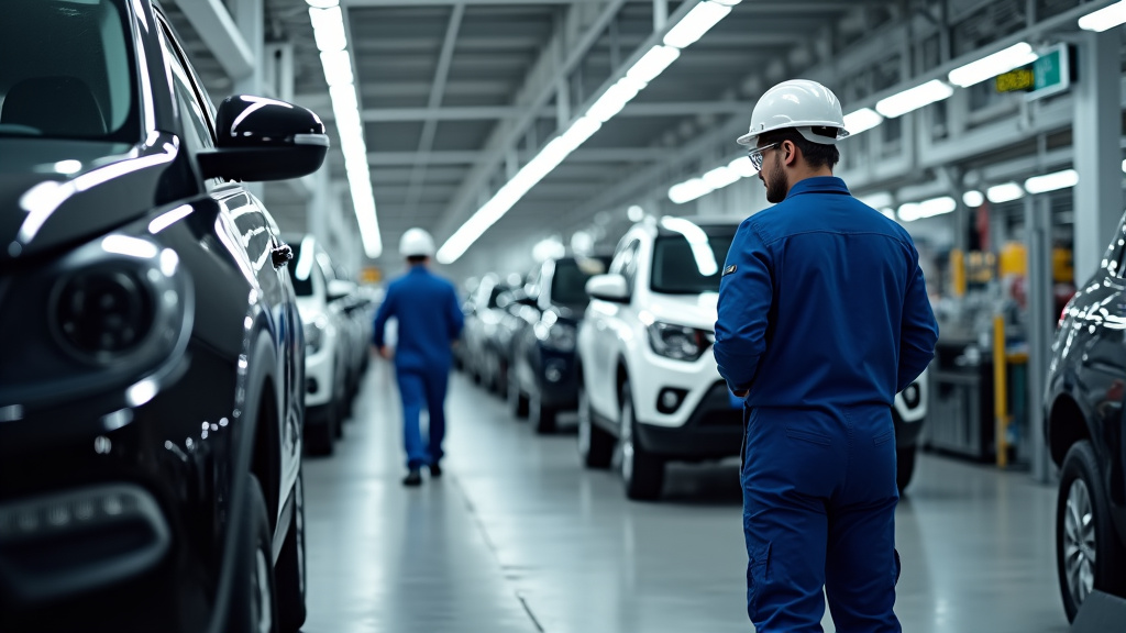 Un centre de recyclage automobile moderne, avec des techniciens en train de dépolluer et de démonter des pièces de véhicules, mettant en évidence les efforts de récupération de matériaux.