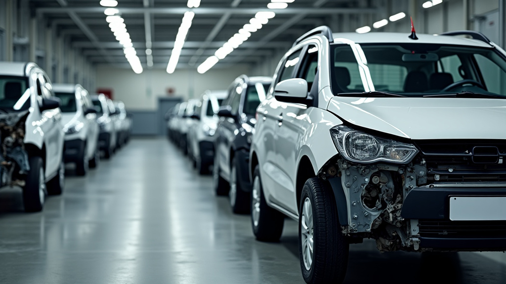 Un centre de recyclage automobile montrant des pièces détachées triées et des véhicules en cours de démontage, illustrant le processus de valorisation des matériaux.