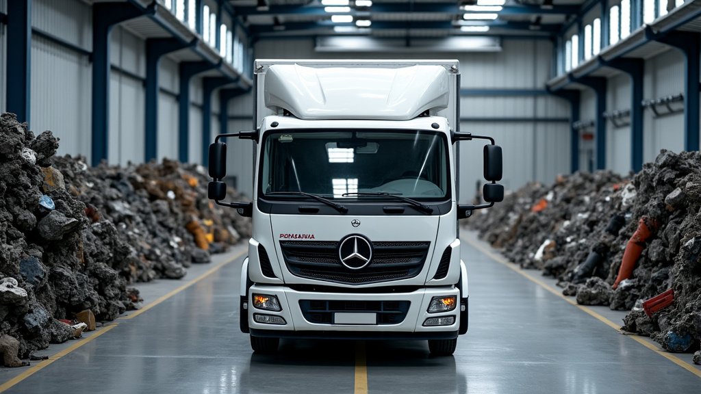 Un centre de recyclage automobile montrant des piles de pièces détachées triées et des métaux compressés, symbolisant le processus de recyclage des VHU.