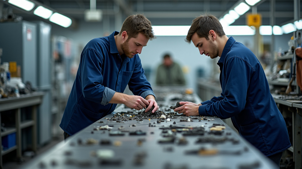 Un centre de recyclage de VHU montre des ouvriers triant des pièces de voiture, soulignant l