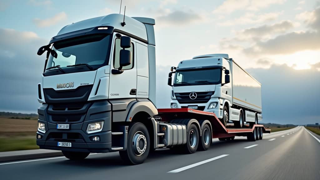 Un dépanneur chargeant une épave de voiture sur une remorque, sous un ciel légèrement couvert, symbolisant le service d