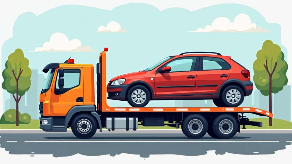 Un dépanneur épaviste chargeant une voiture accidentée sur un camion de remorquage, démontrant l