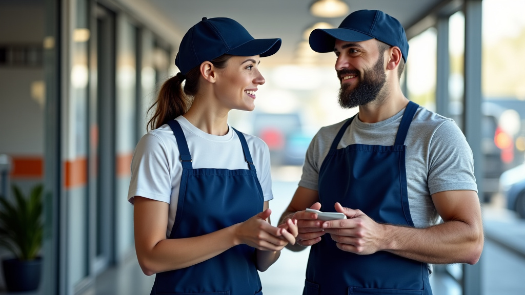 Un dépanneur épaviste en tenue de travail, discutant avec un client à côté d
