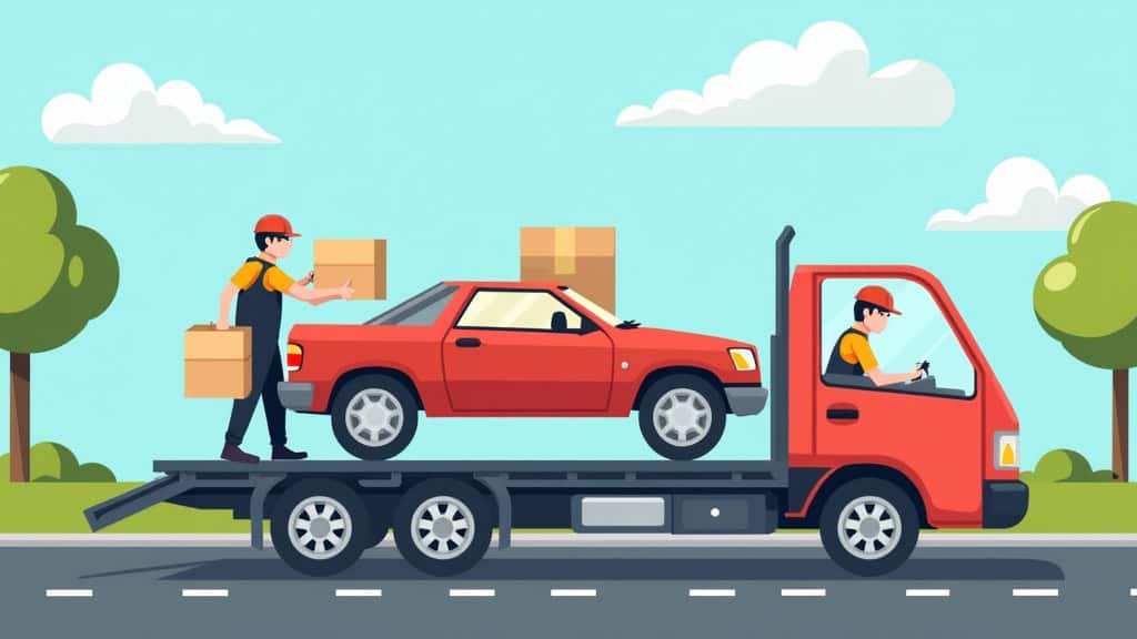 Un dépanneur professionnel charge une épave de voiture sur une remorque, avec un ciel dégagé en arrière-plan et des arbres en bordure de route, illustrant un enlèvement sécurisé.