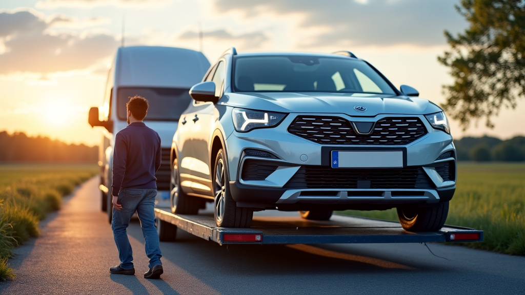 Un dépanneur professionnel charge une épave de voiture sur une remorque, dans un cadre rural, symbolisant l