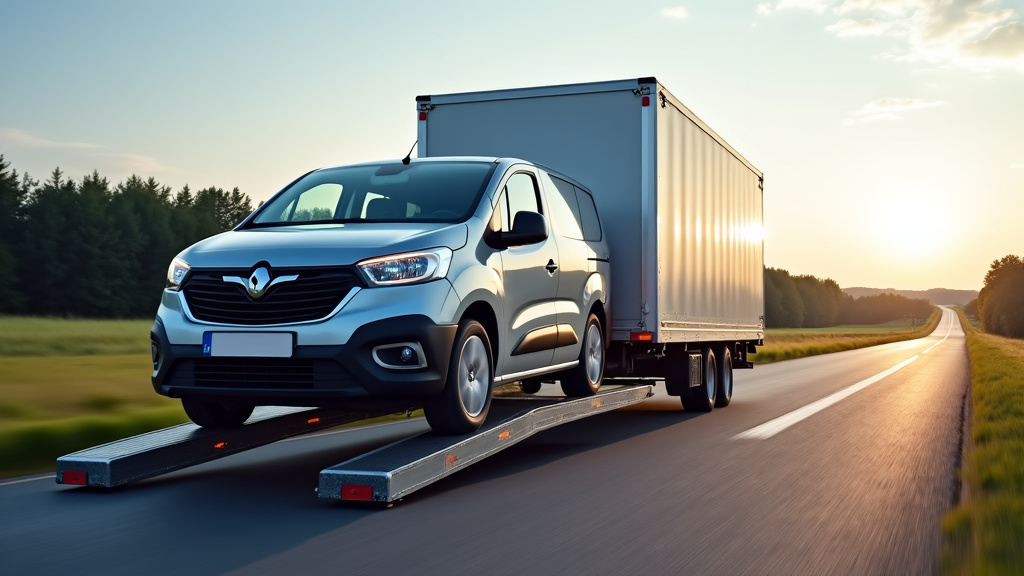 Un dépanneur professionnel chargeant une épave de voiture sur une remorque à plateau, avec un paysage rural en arrière-plan près d