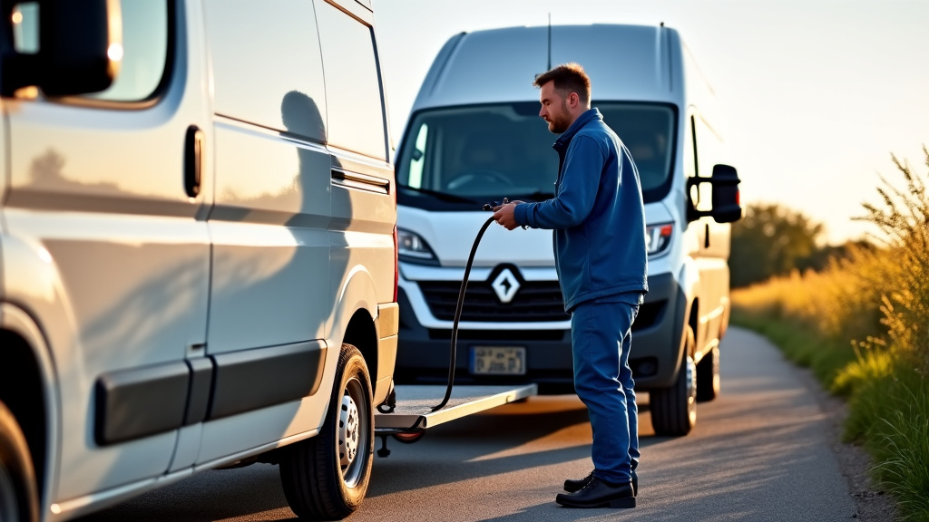 Un dépanneur professionnel en train de charger une épave de voiture sur un camion de remorquage dans un cadre rural à Missy-aux-Bois, avec des champs en arrière-plan et un ciel clair.