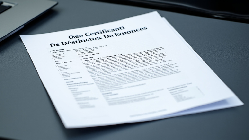 Un document officiel de certificat de destruction de véhicule, posé sur une surface sombre, illustrant les formalités administratives.