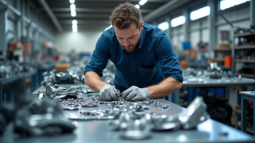 Un employé triant méticuleusement des composants de voiture recyclés, montrant des pièces métalliques et plastiques séparées pour la valorisation et le recyclage dans un centre VHU.