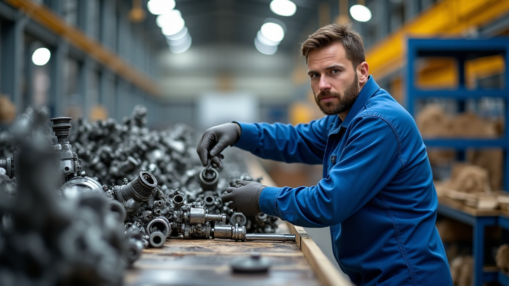 Un épaviste agréé manipule des pièces de moteur usagées dans un centre de recyclage, montrant son engagement envers l