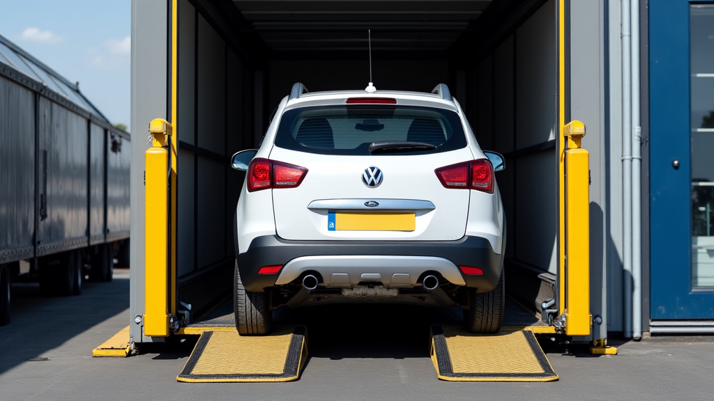 Un épaviste charge une épave de voiture rouillée sur une dépanneuse, avec des équipements de sécurité et un environnement dégagé en arrière-plan.