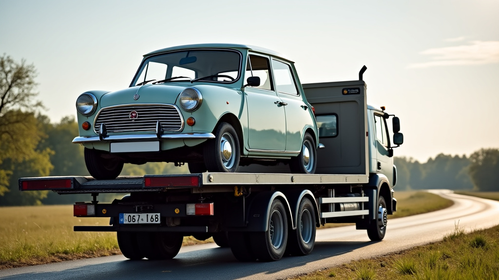 Un épaviste chargeant une vieille voiture sur un camion de remorquage dans un cadre rural, symbolisant l
