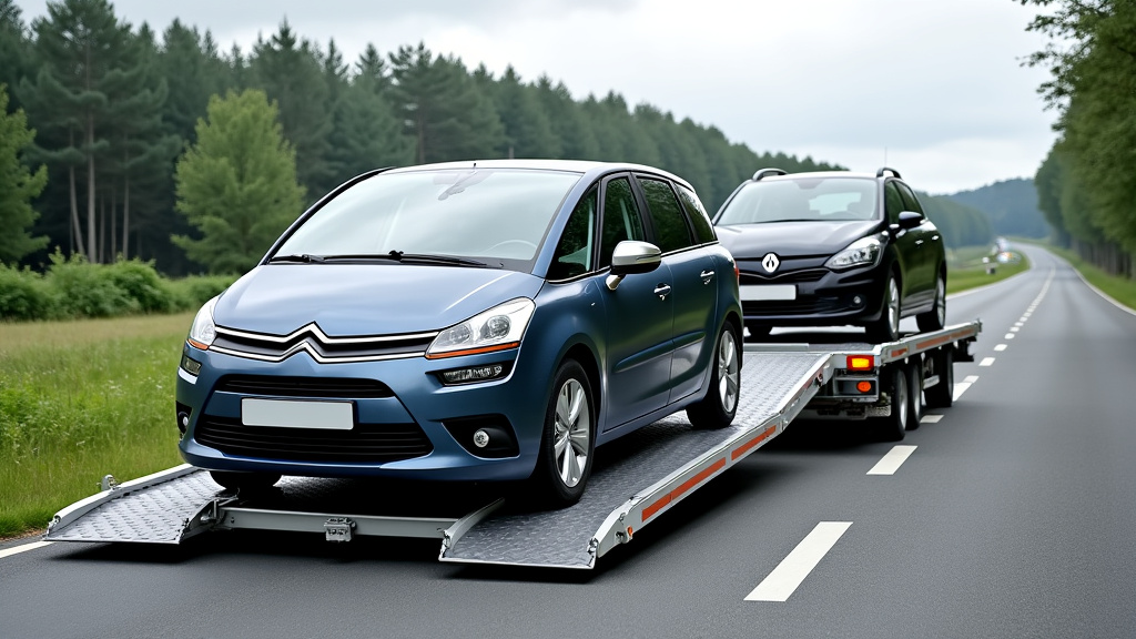 Un épaviste chargeant une voiture accidentée sur une dépanneuse moderne dans un paysage verdoyant de Chézy-sur-Marne, symbolisant l