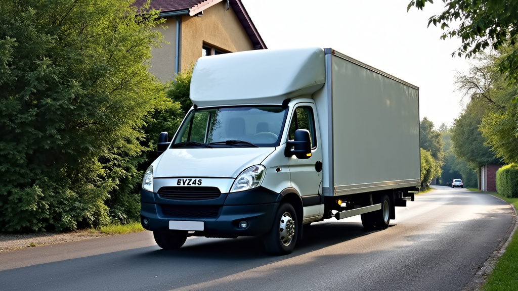 Un épaviste chargeant une voiture épave sur une dépanneuse à Danizy, avec des arbres et des maisons en arrière-plan.