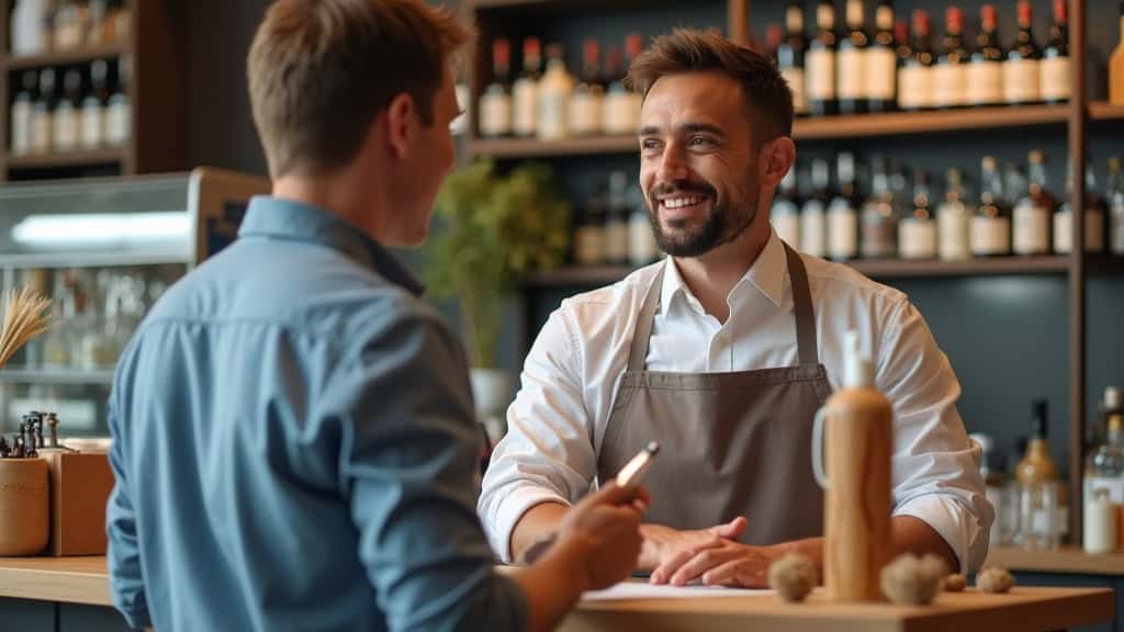 Alt : Barman sympathique recevant un client dans un café ou bar, ambiance chaleureuse et conviviale.