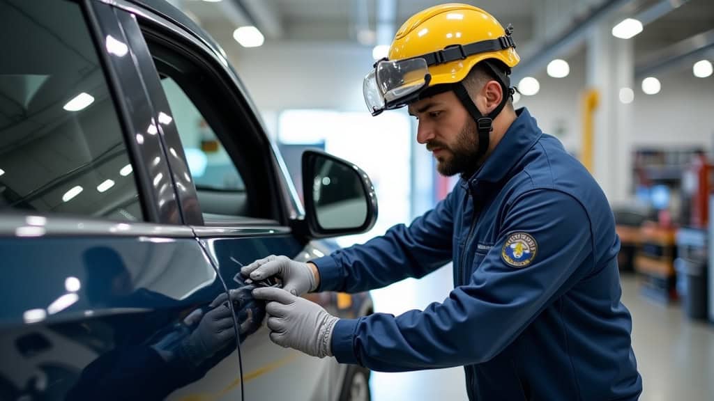 Alt text: Technicien en réparation automobile portant casque et gants, inspectant un véhicule en atelier.