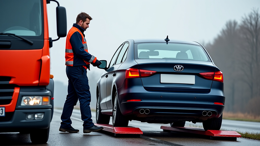 Un épaviste en tenue de travail attache une voiture accidentée sur la plateforme de son camion, démontrant le processus de chargement.