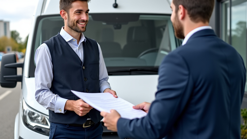 Un épaviste en tenue de travail et un propriétaire de véhicule échangent des documents, avec une épave en arrière-plan, illustrant la phase administrative de l
