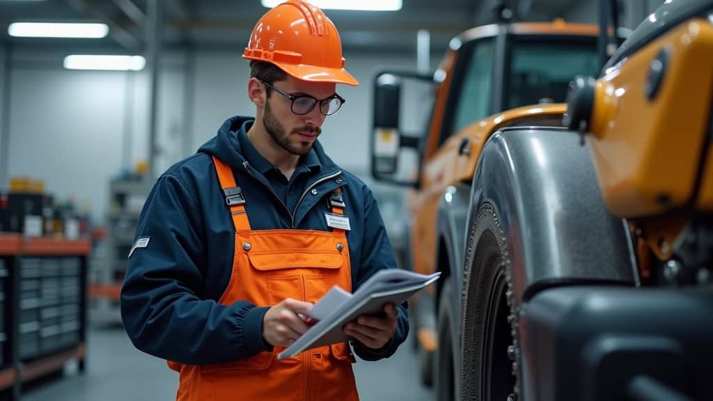 Un épaviste en tenue de travail inspectant le moteur d