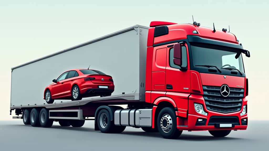 Un épaviste en train de charger une épave de voiture rouge sur un camion de remorquage, démontrant le processus d