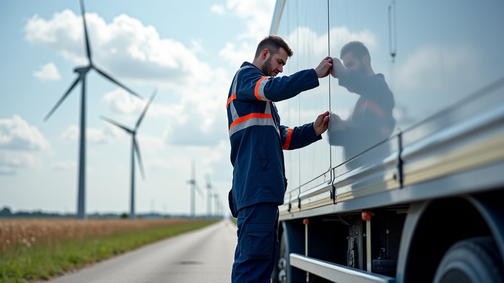 Un épaviste en uniforme de travail sécurise une épave de véhicule sur une dépanneuse moderne. Un paysage industriel et des éoliennes en arrière-plan, illustrant le professionnalisme et l