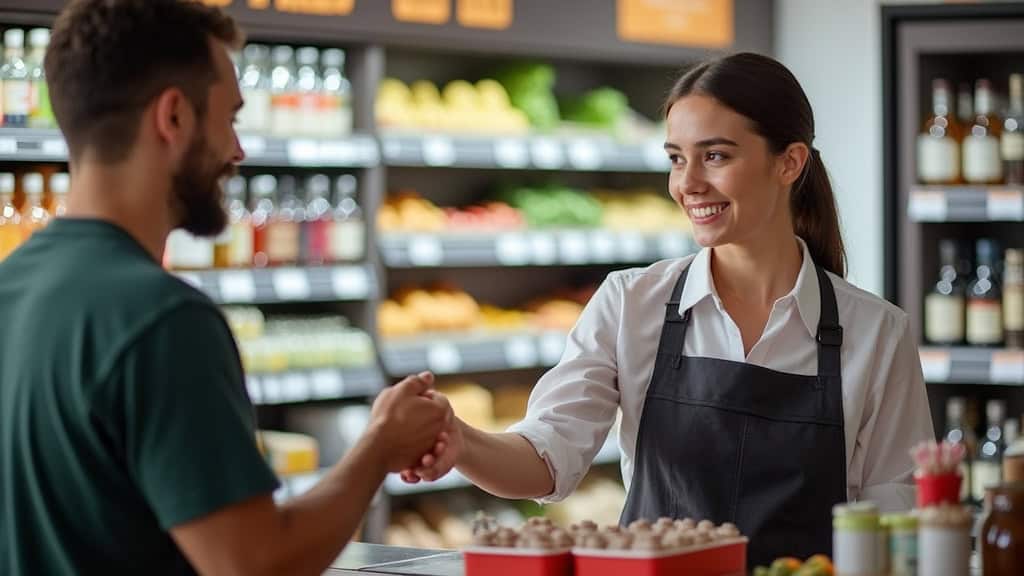 Femme vendant des produits frais, fruits et légumes dans une ambiance chaleureuse.