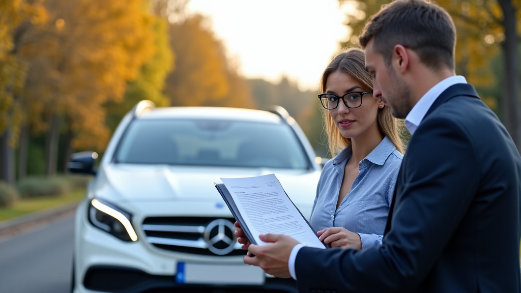 Un épaviste expliquant les documents nécessaires à un client devant une voiture, symbolisant l