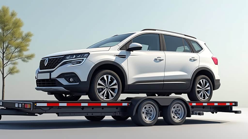 Véhicule blanc sur plateau de remorquage grand format, service professionnel d’épaviste, enregistrement pour recyclage automobile, élimination écologique.