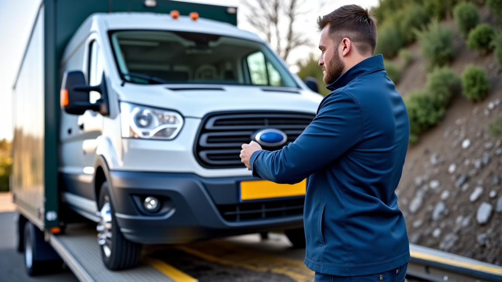 Un épaviste professionnel charge une épave de voiture sur un camion de remorquage, assurant la sécurité et le respect des procédures.