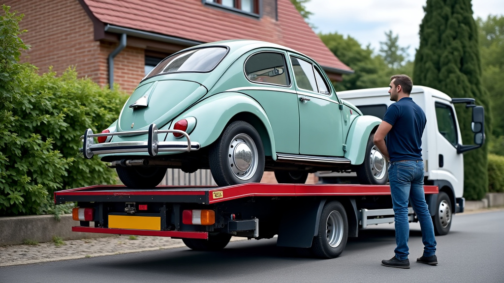 Un épaviste professionnel charge une voiture ancienne et endommagée sur un camion de remorquage, devant une maison résidentielle.