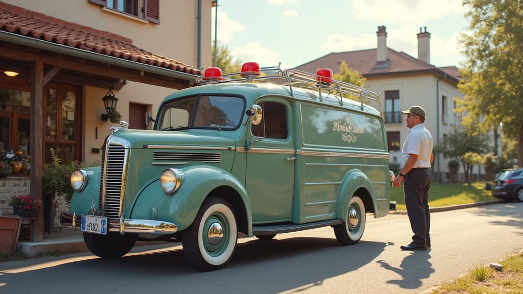 Un épaviste professionnel charge une voiture ancienne sur une dépanneuse à Belleu, avec des maisons en arrière-plan.