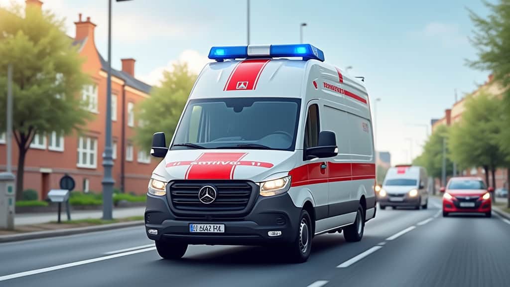 Véhicule ambulance Mercedes-Benz en déplacement.
