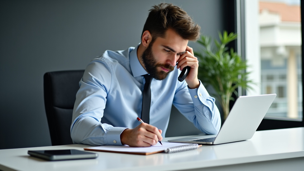 Un épaviste professionnel discute au téléphone avec un client, prenant des notes sur un bloc-notes dans son bureau, illustrant l