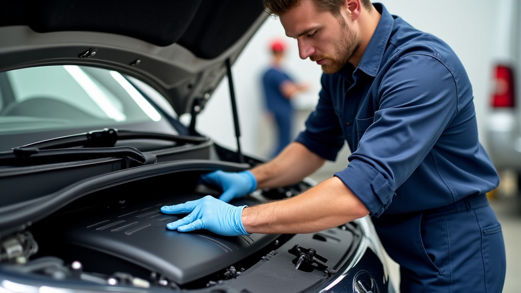 Un épaviste professionnel en salopette de travail inspecte le moteur d