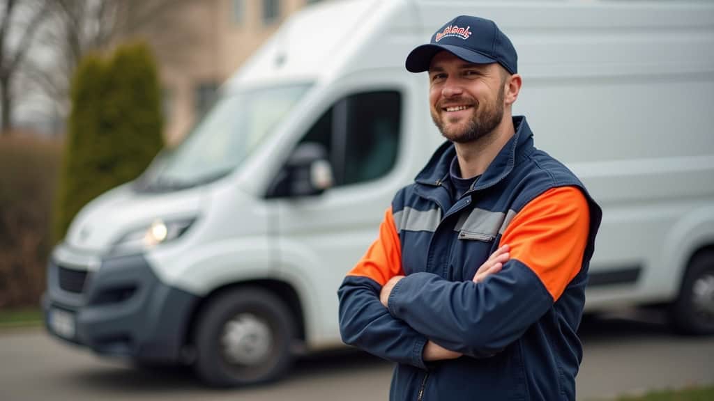 Un épaviste professionnel en tenue de travail, debout à côté de son camion de dépannage, prêt pour un enlèvement d
