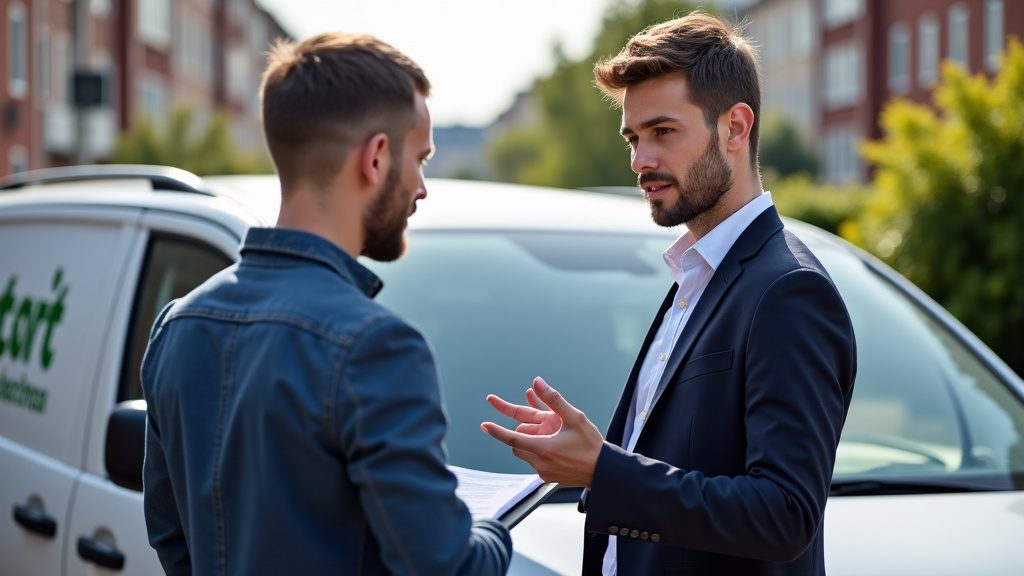 Un épaviste professionnel en tenue de travail discutant avec un client devant une épave de voiture dans un quartier résidentiel, illustrant le service client et l
