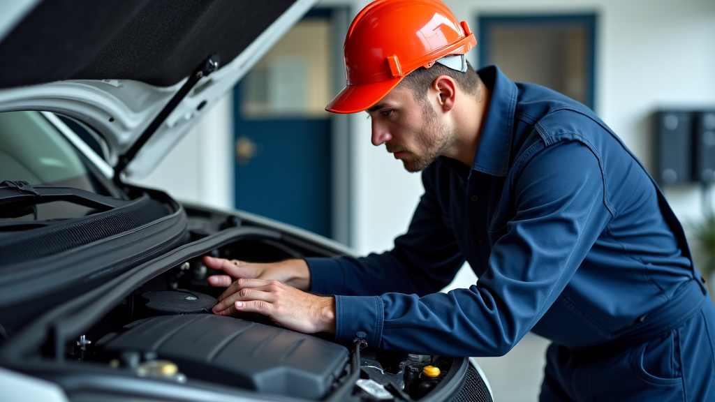 Un épaviste professionnel en tenue de travail, inspectant un moteur de voiture avant de procéder à l
